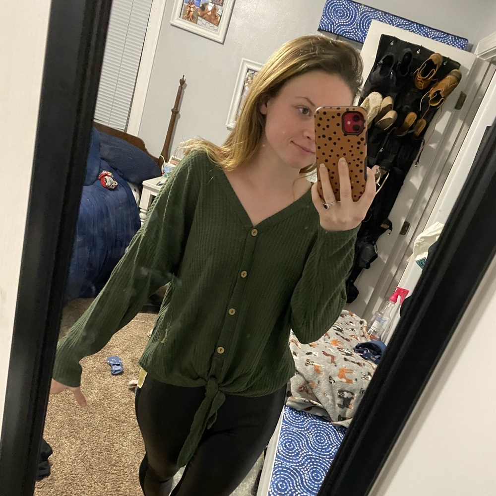Green waffle weave top